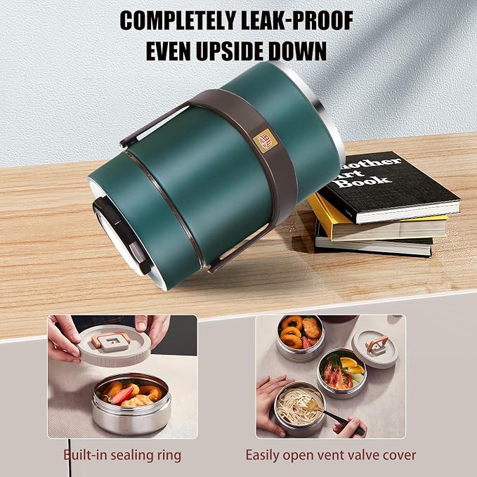 67 oz Adults Stainless Steel Vacuum Insulated Wide Mouth Soup Food Thermo Hot Food Jar with Keep Thermal Portable 3 Tier Stackable Bento Hot Food Containers Lunch Boxes (67 oz Green)