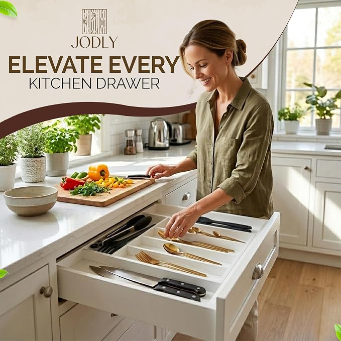 Bamboo Kitchen Utensil Drawer Organizer for Silverware | 100% Natural Expandable 14-20 Inch Kitchen Drawer Organizers for Utensils | Non-Slip Base | Screwed Joints for Long-Lasting Durability