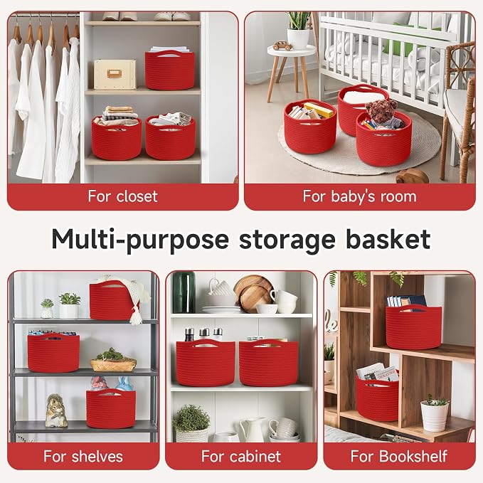Small Rope Baskets for Storage, Baskets for Gifts Empty, Cute Round Woven Basket, Decorative Shelf Baskets 9.82×9.82×7.1", Cotton Toy Basket Storage Bins for Organizer 3 Packs-Red