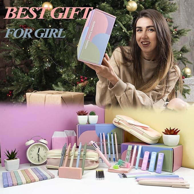 54Pcs Aesthetic School Supplies Set with Large Pastel Pencil Case 12 Dual Tip Highlighters, 6 Gel Pens, 5 Black Pens, 5 Mechanical Pencils (0.5-2.0mm) for Students Stationary College Essentials Gifts