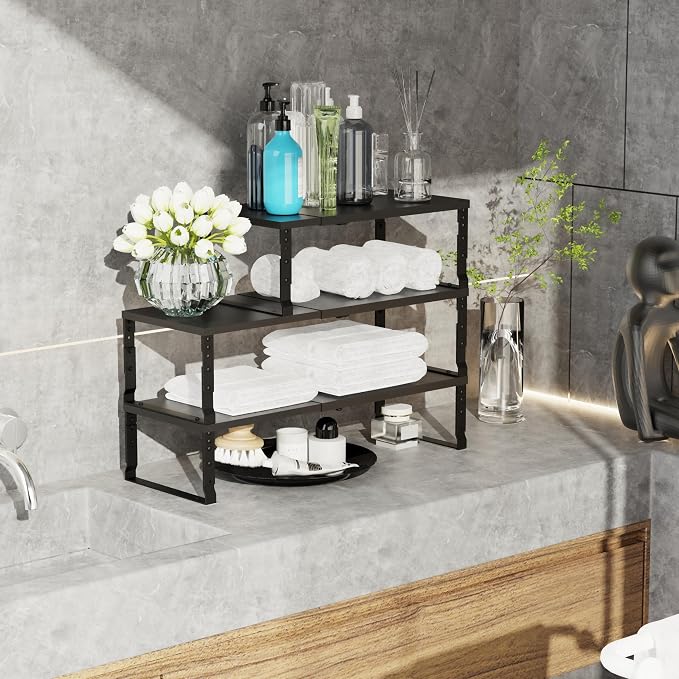 Jojocross Expandable Stackable Spice Rack Organizer for Kitchen Cabinet,Adjustable Counter Shelf, countertop, Pantry,Cupboard,Bathroom,Bedroom(1Pack/Black/Large)