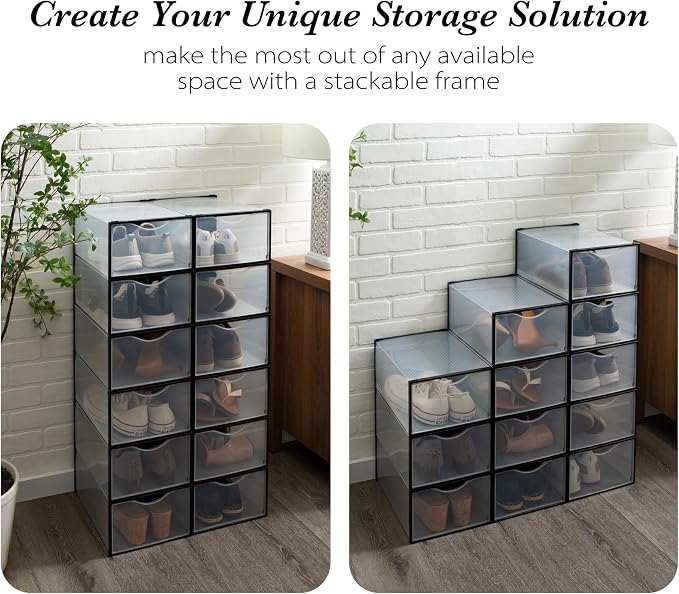 Simplify Set of 12 Stackable Shoe Boxes | Customizable | Fits Size 11 Shoes | Drop Front Design | Closet Storage | Sneakers | Heels | Clear and Black