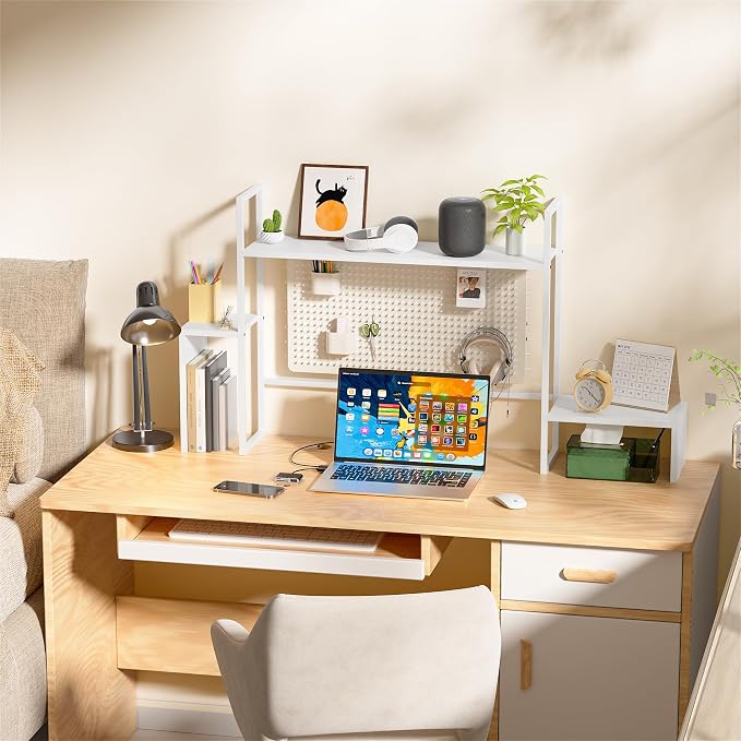 WelFurGeer LED Desk Shelf Organizer with RGB Light Strip, 2-Tier Desktop Shelf for Computer Monitor, Sturdy Metal Frame & Wood Shelves - Desk Hutch Bookshelf for Home Office, Dorm, Gaming (White)