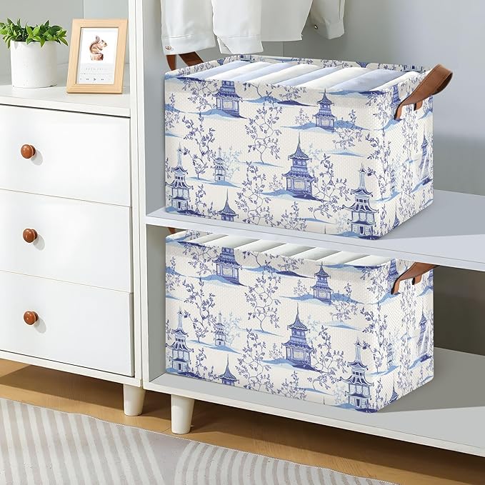 Chinoiserie Padogas Willow Tree Blue Storage Basket Foldable Cube Storage Bins with Handles&Label Waterproof Collapsible Organizer Box Bin Large Rectangle Decorative Baskets for Shelves Home Room