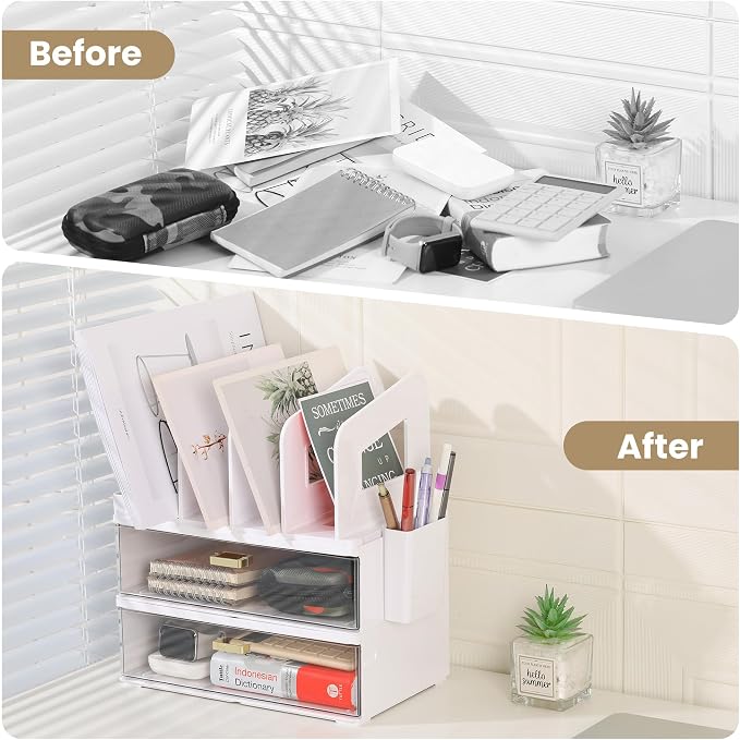 LALOBLUE Acrylic Desk Organizer with Drawer and Vertical File Holder, Desk Organizers and Accessories, Multi-Functional Office Supplies Organizer for Home or Work Desk, White