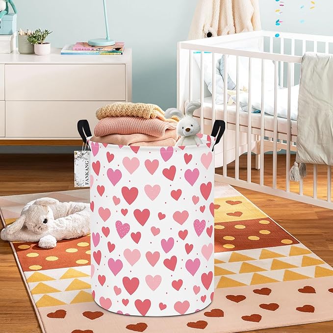 FANKANG Storage Basket, Nursery Hamper Canvas Laundry Basket Foldable with Waterproof PE Coating Large Storage Baskets for Kids Boys and Girls, Office, Bedroom, Clothes,Toys(Colorful hearts)