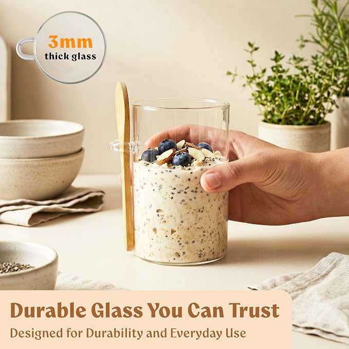 EDELHAUS Overnight Oats Glass Jars, Bamboo Lids, Spoons & Labels - 4x16oz | 4 Thick Glass Jars With Airtight Bamboo Lids, Matching Spoons and 24 Labels for Overnight Oats, Chia Pudding and Yogurt
