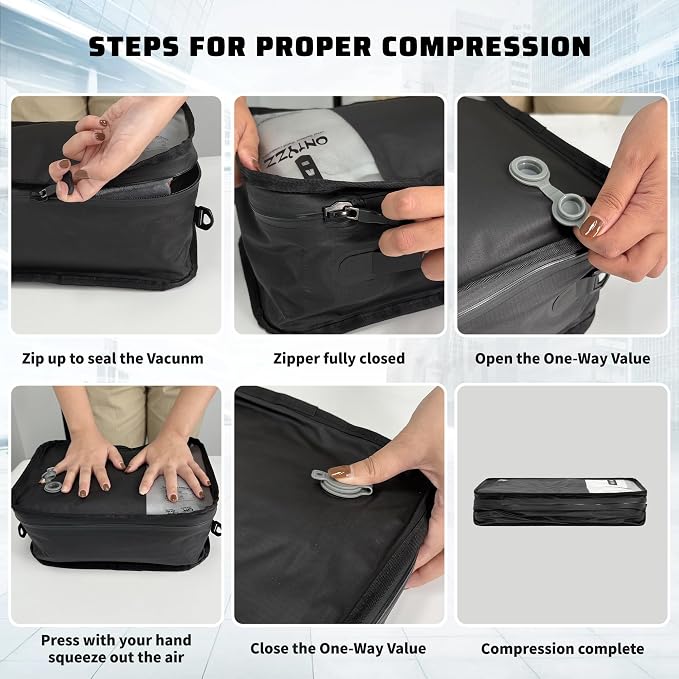 ONTYZZ Travel Vacuum Compression Bags 12 inch Space Saver Bags Vacuum Travel Case with IP67 Waterproof Zipper for Socks, Underwear, Two Bag Black
