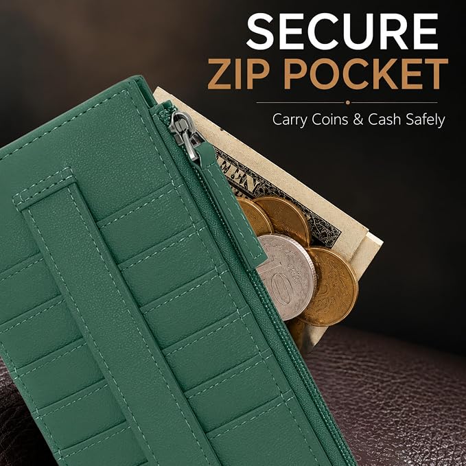 Leatherboss Genuine Leather Women's All in One Credit Business Card Case Holder Slim Zipper Wallet With a Card Protection Strap, Forest Green