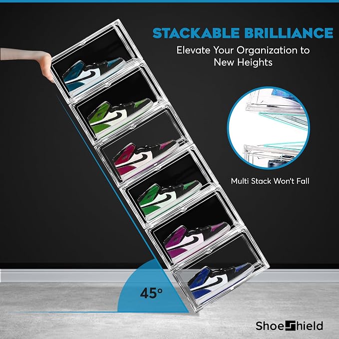 Ultra All Clear Shoe Boxes Plastic Stackable Professional Grade Shoe Display Case with Magnetic Side Drop Door Open Easy Assembly Modern Shoe Sneaker Display Case Fits US Size 14