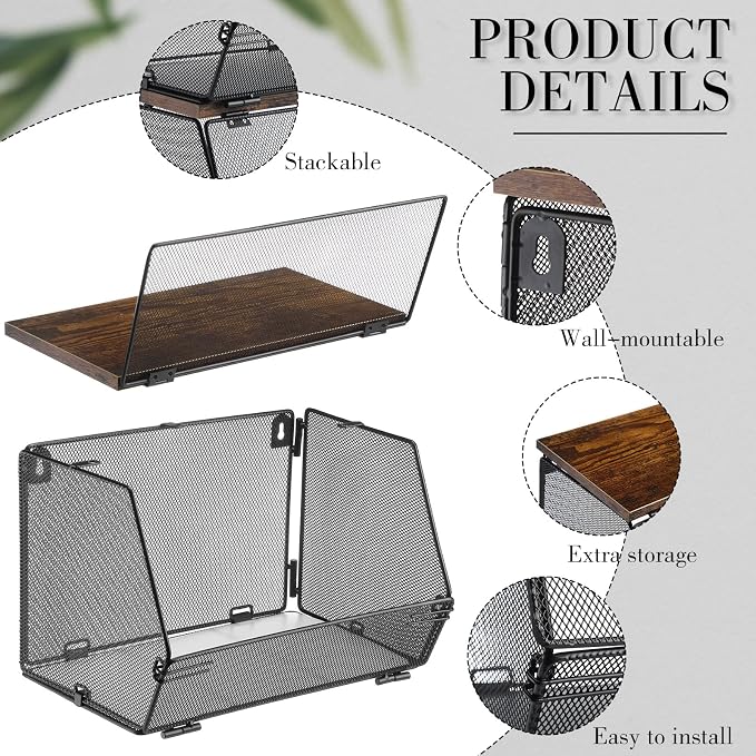 Teenyyou 2 Pcs Stackable Mesh Fruit Basket with Lid Wall Produce Vegetable Storage Basket Onion Potato Hanging Metal Wire Container for Kitchen Counter Pantry(Non-removable,Black,8.3" w & 13.8" l)