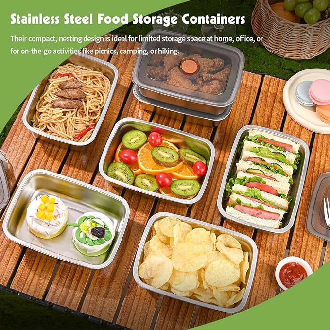 CLWVPCOT 10 Pack Stainless Steel Food Storage Containers with Leak-Proof Lids, 34oz Reusable Metal Meal Prep Lunch Boxes, Stackable, BPA-Free, Dishwasher Safe for Snacks, Fruits & On-the-Go Meals