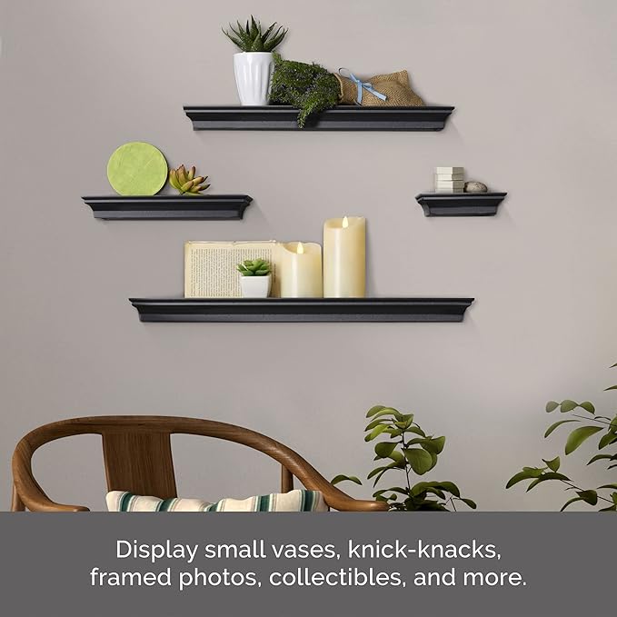 MELANNCO Floating Wall Shelves for Bedroom, Living Room, Bathroom, Kitchen, Nursery, Set of 4, Black, 4 Count