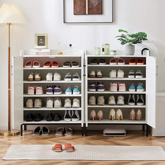 Mericonia Modern Shoe Cabinet with Metal Legs, Farmhouse Large 5-Tier Shoe Storage Cabinet with Doors, Wooden Shoe Organizer for Entryway, Hallway, Closet, Bedroom, Living Room, White