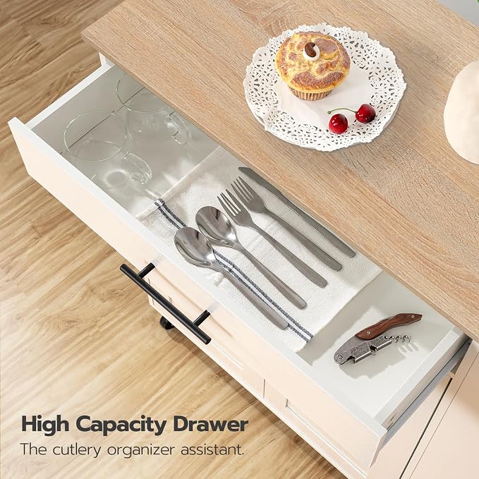 HOOBRO Kitchen Island with Power Outlet, Kitchen Storage Island with Spice Rack and Drawer, Rolling Kitchen on Wheels, for Home, Dining Room, Natural and White WN82UZD01G1