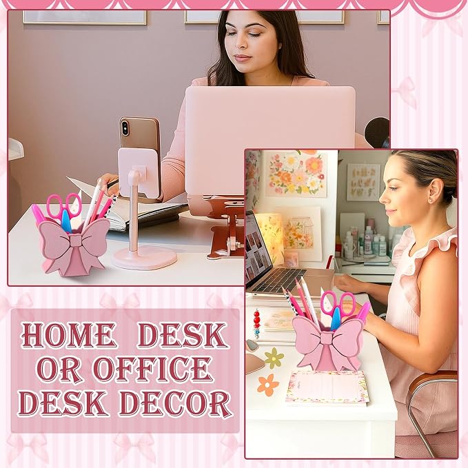 Tenceur Pink Pen Holder for Desk Large Capacity Pink Bow Pencil Holder Coquette School Supplies Set Desk Organizer Cute Bow Office Decor Makeup Brush Holders Funny Back to School Gift for Women