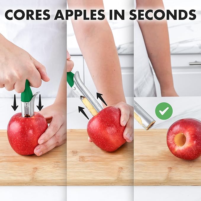 Zulay Kitchen Ultra Sharp Apple Corer Tool - Stainless Steel, Sharp & Serrated Blade Cores in Seconds - Easy to Use & Clean, Durable Apple Core Remover for Apples & Small Fruits - Green
