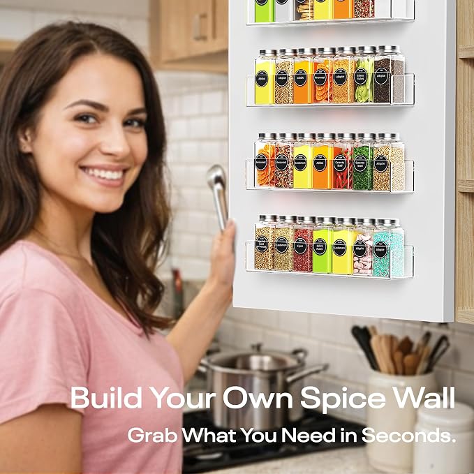 Wall Mounted Acrylic Spice Rack 2 Pack, 9 Inch Clear Pantry Door Organizer, Floating Spice Organizer, Adhesive or Screw Mounted Cabinet Seasoning Shelf