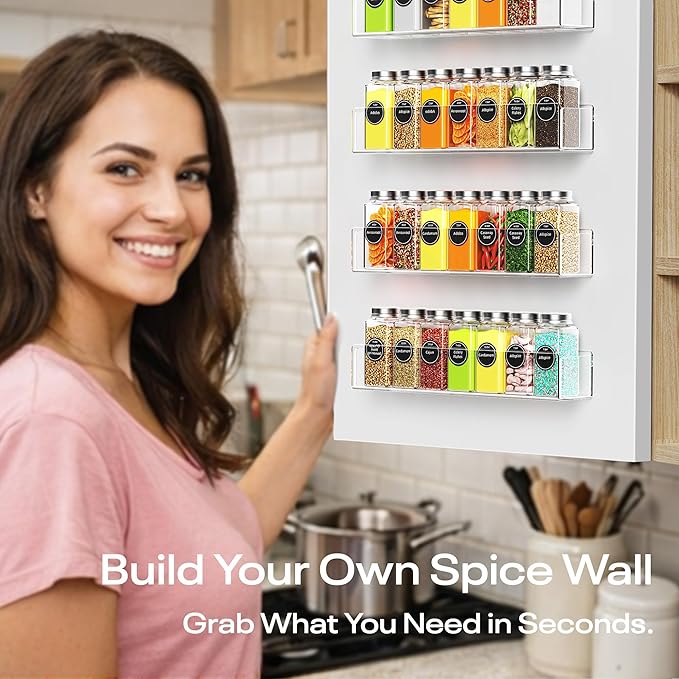 Wall Mounted Acrylic Spice Rack 2 Pack, 12 Inch Clear Pantry Door Organizer, Floating Spice Organizer, Adhesive or Screw Mounted Cabinet Seasoning Shelf