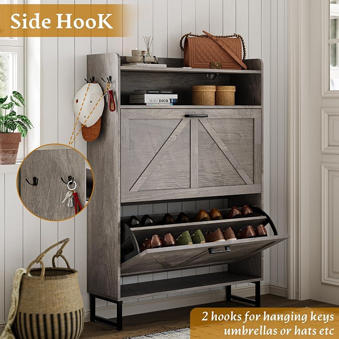 Wodeer Shoe Storage Cabinet with 2 Flip Drawers, Narrow Wood Shoe Cabinet Storage for Entryway with Metal Legs & Hooks, Adjustable Shelves, Freestanding Shoe Rack Organizer for Foyer, Hallway, Grey