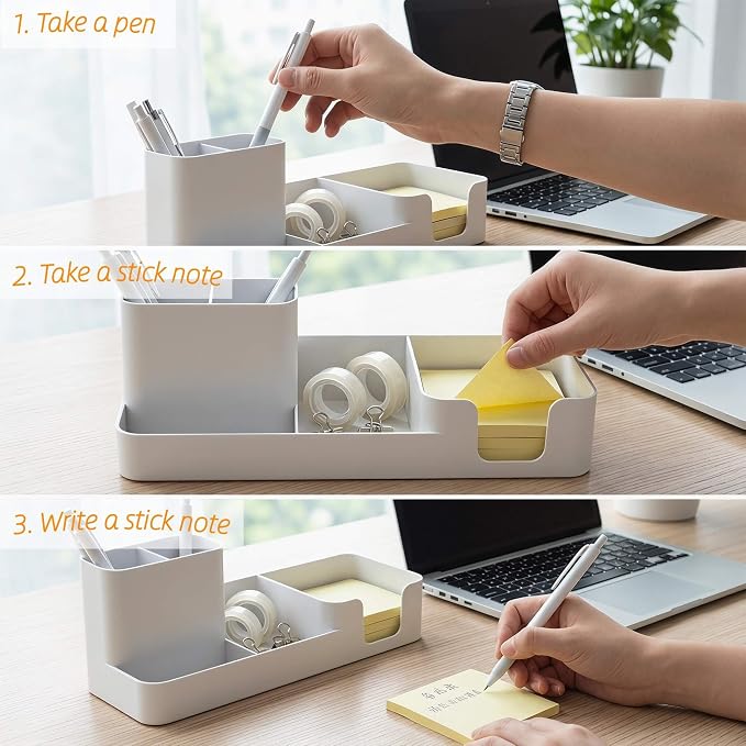 Pen Holder Desk Organizer White HIPS Plastic Sticky Note Storage | HIPS plastic desk organizer. 3-in-1: pen holder, sticky note storage, center tray. Compact 10-inch design. Easy clean. White.