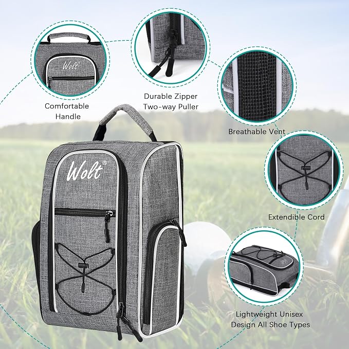Wolt 2 Pcs Golf Shoe Bag for Travel- Zippered Shoes Carrier Bags with Ventilation & Double Outside Accessory Pocket for Socks, Tees, Golf Balls, Etc. for Women and Men (Black+Grey)