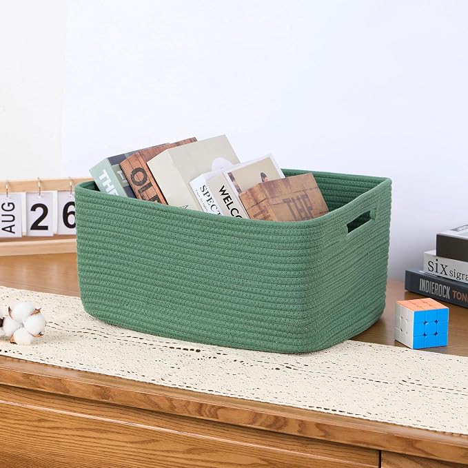 MiniArk Large Storage Baskets for Organizing, 17 x 13 x 7.5” Closet Shelf Baskets for Clothes Blanket Towels, Baby Nursery, Toy Bins Box, Woven Rope Baskets, 4 Packs Green