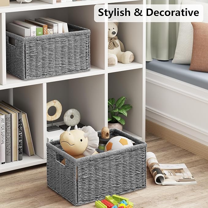 Vagusicc 2 Packs Large Wicker Storage Basket, Closet Storage Baskets Bins for Shelves, Decorative Collapsible Baskets for Organizing Clothes Toy Nursery Bathroom Organizers and Storage, Grey