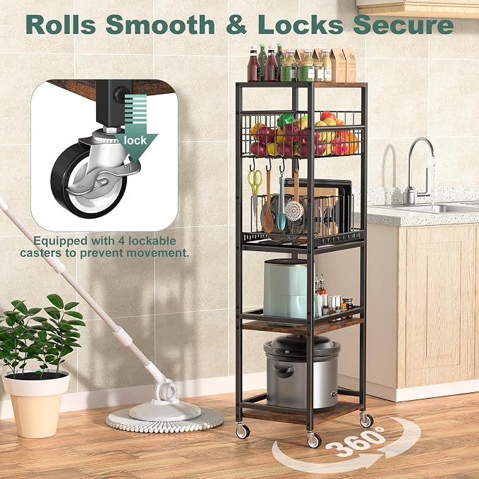 Housolution 5 Tier Kitchen Storage Cart with Fruit Basket Pot Lid Organizer | Versatile Storage, Pull-Out Cutting Board Rack, 4 Lockable Swivel Wheels, Wooden Top, for Kitchen, Pantry, Bathroom, Brown