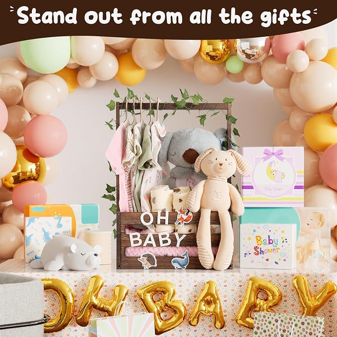Baby Shower Gifts Basket Wooden Crate, Personalized Wooden Letters and Clothes Hangers New Born Baby Girl Boy Gifts Vine Decorations Cute Closet with Handle Pregnancy Gifts for New Mom Parents Brown