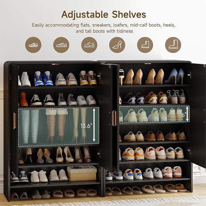 ONBRILL 6-Tier Shoe Storage Cabinet, 45'' Large Farmhouse Shoe Cabinet for Entryway, Modern Wooden Shoe Organizer Cabinets with Doors and Shelves, for Front Door Hallway (Black)