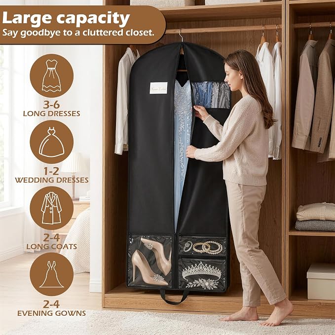 65" Long Garment Bags, 2 Pack Waterproof Travel Dress Bags for Hanging Clothes, Wedding Dress Cover Clothes Protector for Closet Storage, Suitable for Gowns, Tuxedos, Coats, Black
