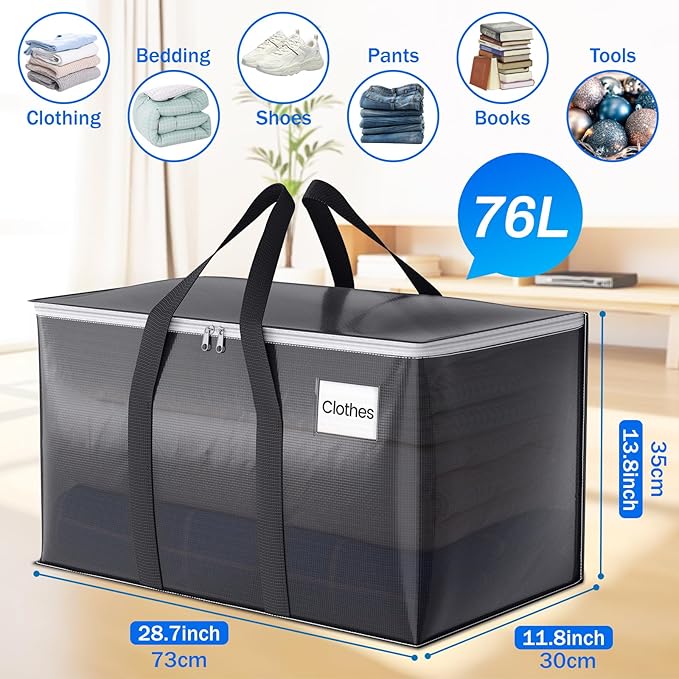 ElegantArray 6 Pack Moving Bags Heavy Duty, Moving Boxes, Storage Bags with Zipper & Handles & Tag for College & Dorm Moving Supplies Grey Laundry Hamper Bag, Foldable Space-saving Totes (76L, Grey)