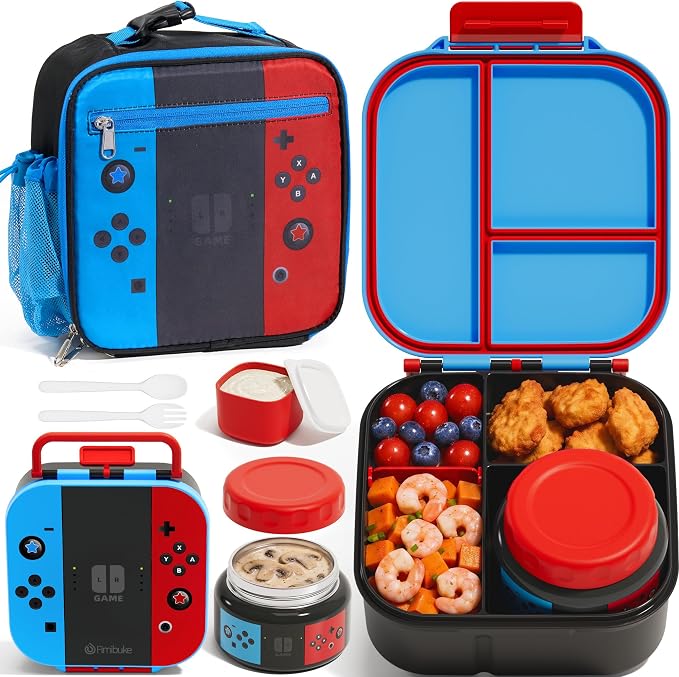 Fimibuke Kids Bento Lunch Box w/ 8.5oz Thermo Food Jar, Insulated Lunch Bag | Leak Proof 3-4 Compartments 60oz Toddler Lunch Food Container with Utensils, Sauce Cup for School Boys Girls, Dishwasher Safe