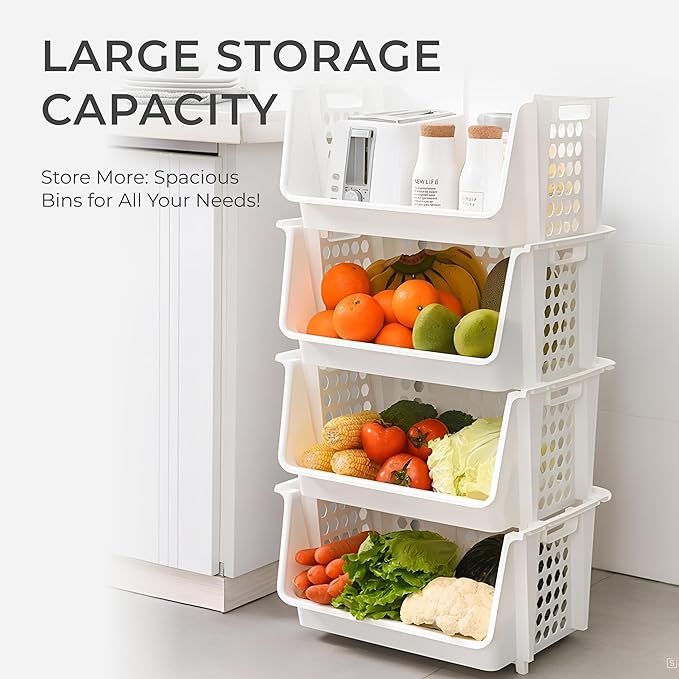 Skywin TidyFriend Medium Stackable Storage Bins for Pantry - 4 Pack, Stackable Bins For Organizing Food, Kitchen, and Bathroom Essentials (White)