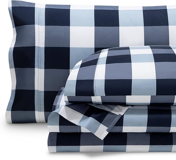 Bare Home Full Sheet Set - Luxury 1800 Ultra- Soft Double Brushed Microfiber - Deep Pockets - Easy Fit - 4 Piece Bedding Sheet Set (Full, Gingham Blue)