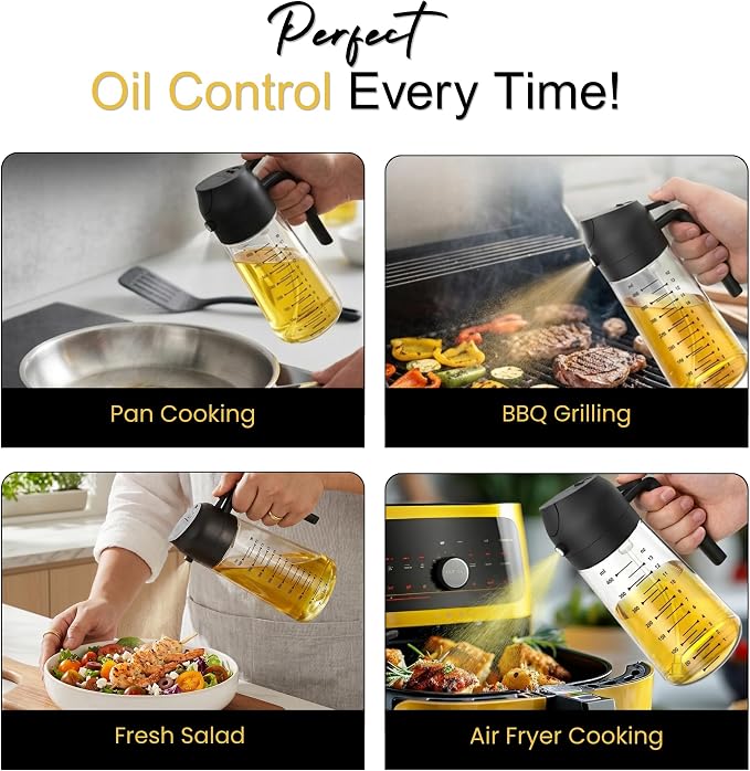 COOKENZA- 16oz/470ml Glass Olive Oil Sprayer for Cooking - 2 in 1 Oil Dispenser & Mister for Air Fryer, Salad & BBQ - Refillable, Food Grade - Black