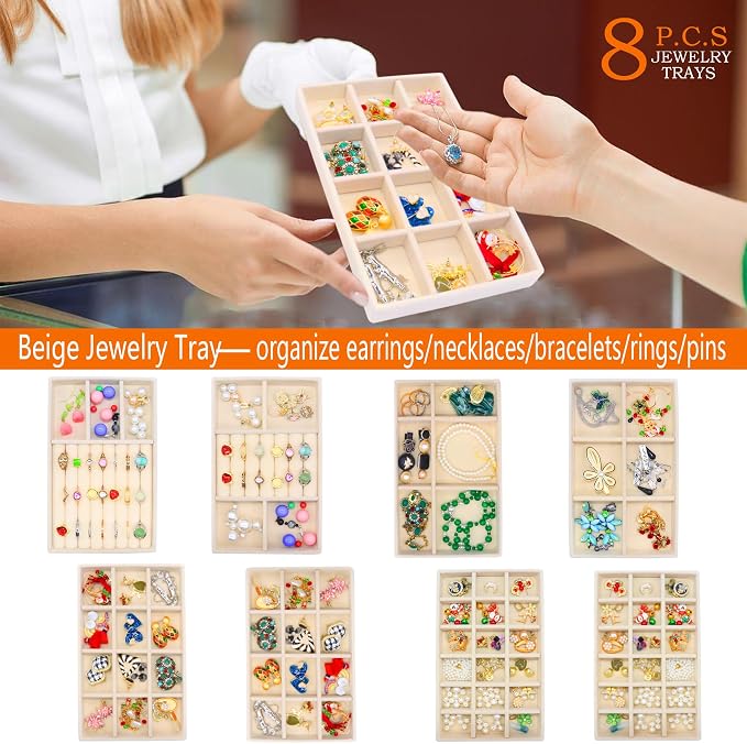 8 Stackable Jewelry Trays Organizer for Drawers Jewellry Storage Display Case for Earring Rings Necklace Bracelet Watch with Removable Dividers