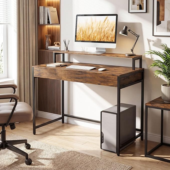 Tangkula Computer Desk with Dual-use Drawer & Keyboard Tray, Home Office Desk with Removable Monitor Shelf & Power Outlets, Modern Writing Desk Study Table for Home Apartment Dorm (Rustic Brown)