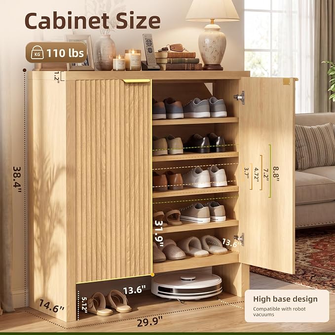 Shoe Cabinet, 5-Tier and 3 Doors Shoe Storage Cabinets with Fluted Doors and Adjustable Shelves, Thickened Wood Freestanding for Entryway, Hallway, Closet, Organizer Rack, Natural Oak JBSC002N