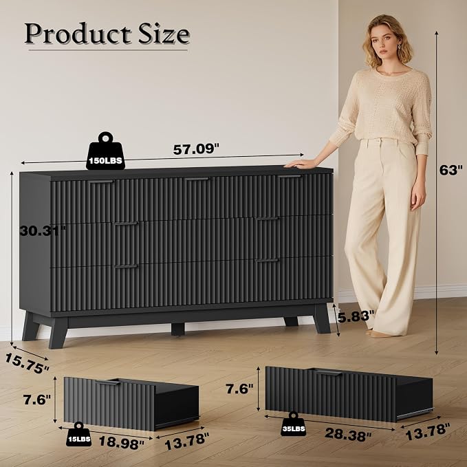 BORNOON 57" Long Dresser for Bedroom, 7-Drawer Fluted Chest, Wide Wood Storage Dresser with Metal Slides and Handles, Stable Base, Modern Clothes Organizer for Primary Suite, Guest Room, Nursery