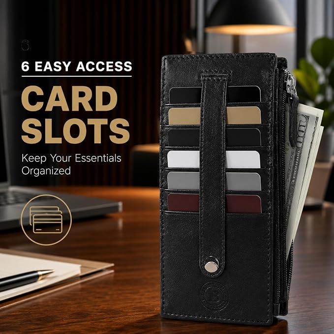 Leatherboss Genuine Leather Women's All in One Credit Business Card Case Holder Slim Zipper Wallet With a Card Protection Strap, Black