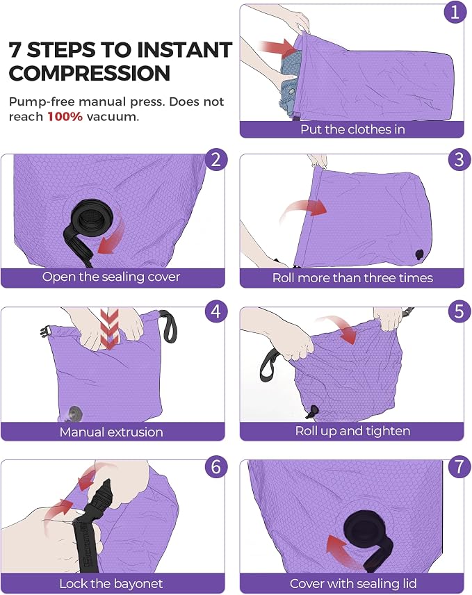 Travel Compression Laundry Bag, Pump-Free Vacuum Space Saver Bag for Dirty Clothes, Reusable Waterproof Wet Dry Bag, Travel Laundry Bag for Luggage, Packing, Suitcase (2 Pcs)（Purple, M + L)