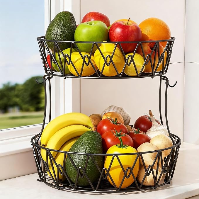 2 Tier Fruit Basket for Kitchen Counter with 2 Banana Hangers,Black Round | 2-Tier Fruit Basket Bowl Stackable Vegetable Storage for Kitchen Countertop, Metal Wire Basket for Bread Onions Potatoes