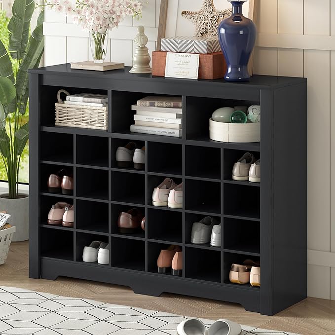 Flieks 24-Cube Organizer Shoe Storage Cabinet, Stylish Design Shoe Cabinet with Multiple Storage Capacity, Free Standing Cabinet with Curved Base for Entryway, Living Room, Hallway, Black