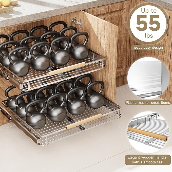 2 Pack Expandable Pull Out Cabinet Organizer，Side Mounting 23.2~39.99"x22.5"Cabinet Pull Out Shelves, Expandable Slide Out Spice Rack for Kitchen Bathroom Office