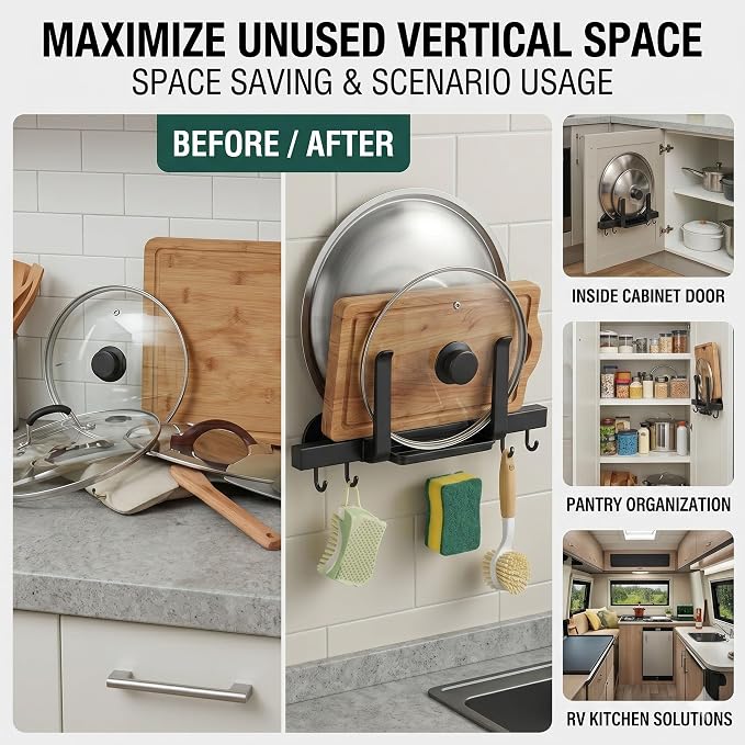 Multifunctional Pot Lid Holder Wall Mounted, Strong Suction Cup Kitchen Organizer with Utensil Hooks & Drain Tray for Cutting Board Pantry Cabinet Door, Non-Slip, Space-Saving, Black