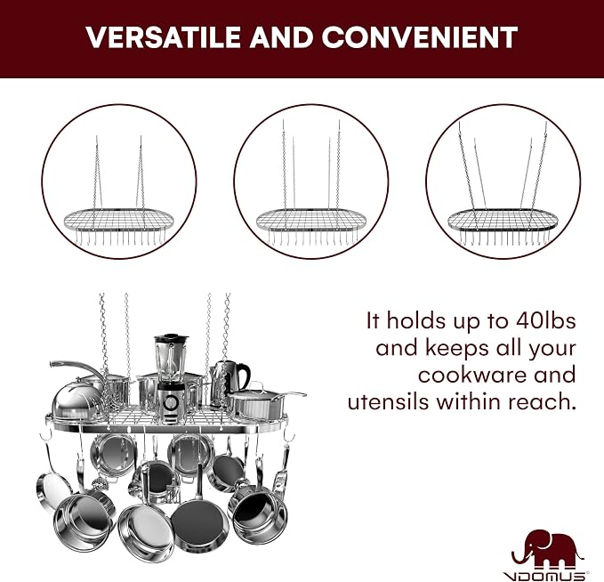 Vdomus Hanging Pot Rack - Ceiling Mount Kitchen Organizer for Pots and Pans with 15 Hooks - 33 x 17 Inches Heavy-Duty, Durable and Space-Saving Pan Holder - Silver