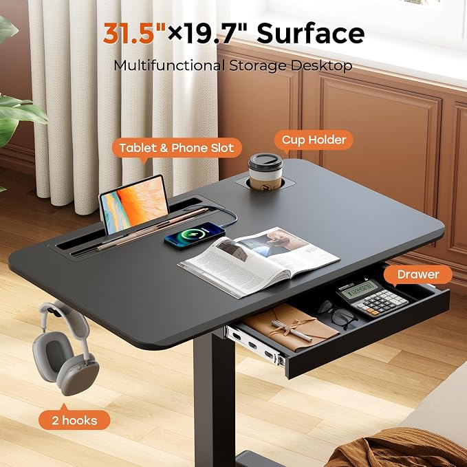 32" Mobile Desk with Drawer, Rolling Standing Desk on Wheels | Height Adjustable Desk with Cup Holder and Hooks, Portable Laptop Cart with Storage for Home Office, Black