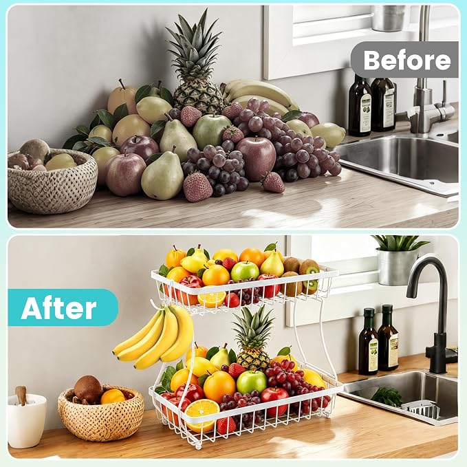 2-Tier Fruit Basket for Kitchen Counter with 2 Banana Hangers | Large Metal Fruit Bowl, Versatile Holder for Veggies, Produce Storage, 12.5"×7.5"×12"-White